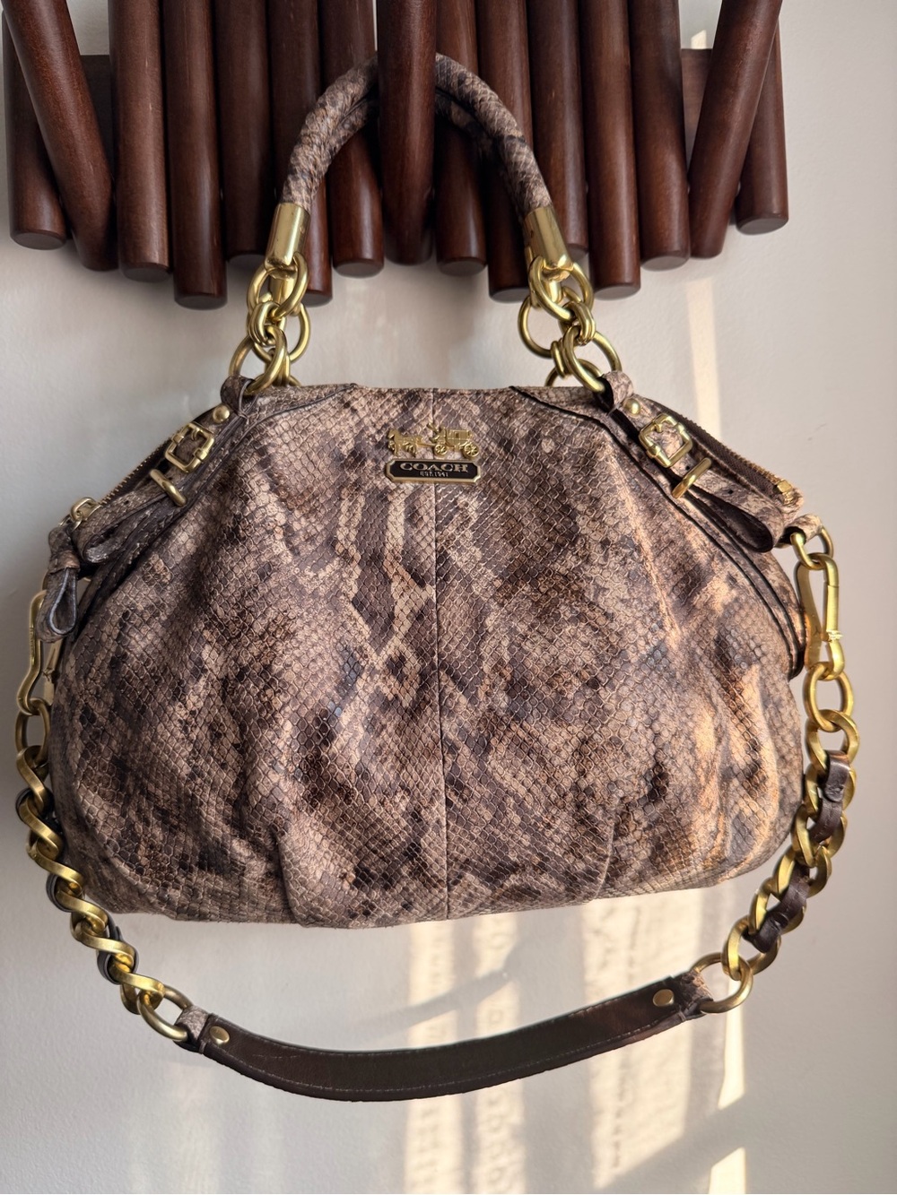 Coach Madison Sophia Taupe Snake-Print Leather Shoulder Bag with Gold Hardware